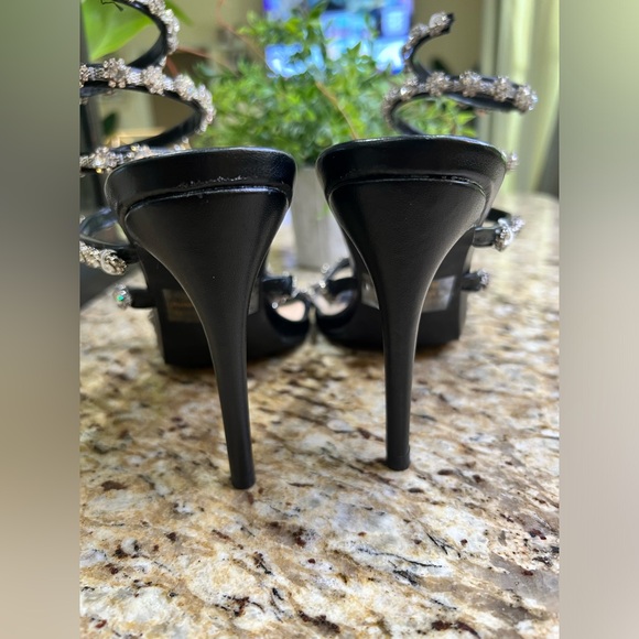 Pazzle Rhinestone Crystal Black/Silver Ankle Wrap High Heel Sandals - Picture 12 of 15